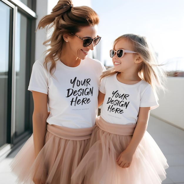 Happy Mother and Doughter wearing white t shirts at a party