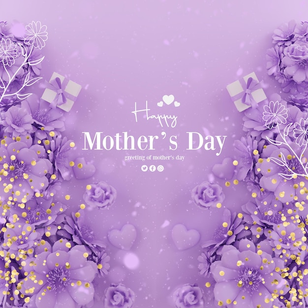 Happy mother's day card template with paper flowers and heart-shaped foil balloons. 3d render