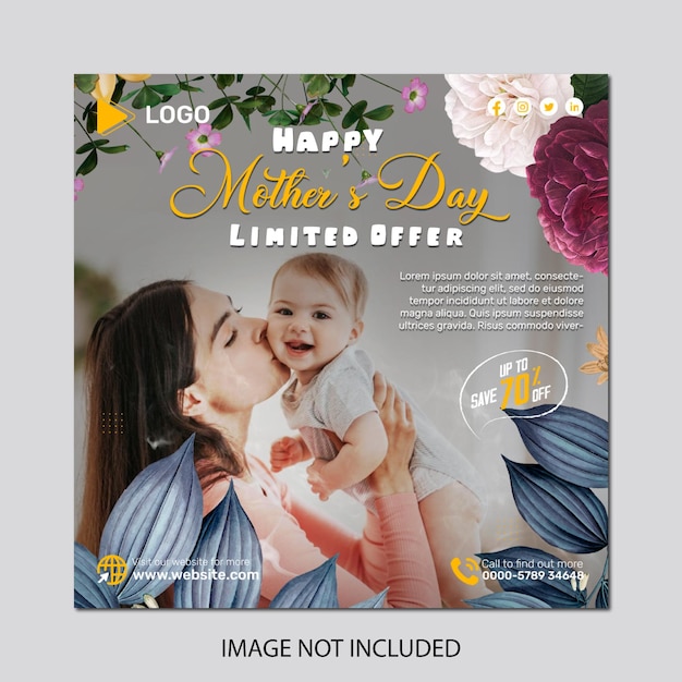 Happy mother's day greeting card design with flower social media post and banner template