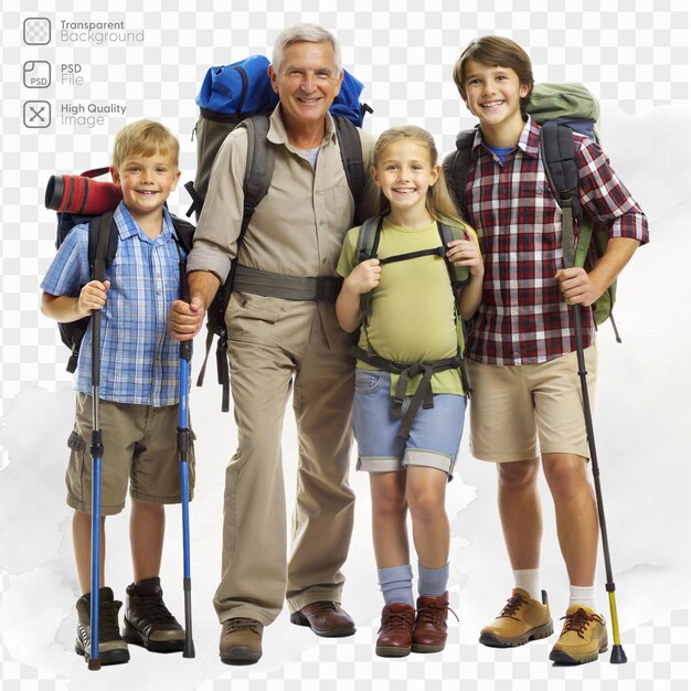 PSD happy multigenerational family hiking with backpacks outdoors