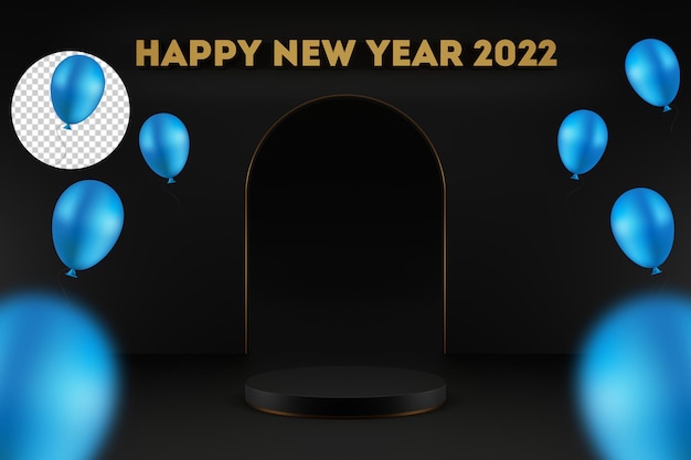 Happy new year 2022 text 3d bold gold with dark background and balloon  3d illustration rendering