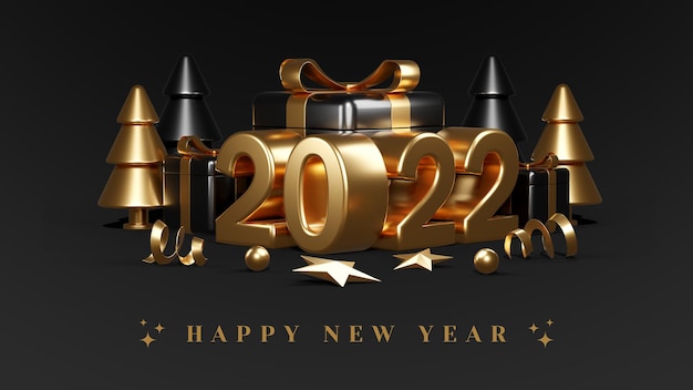 Happy new year 2022 with gift boxes balloons and confetti 3d render illustrations