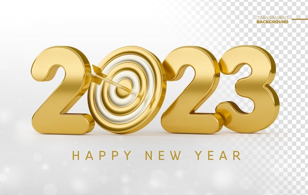 Happy New Year 2023 in 3d render with gold target with transparent background