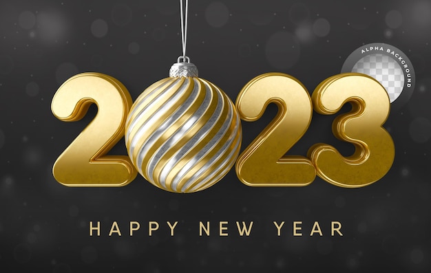 Happy New Year 2023 3d render with golden christmas ball with transparent background template design