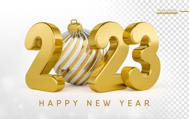 PSD happy new year 2023 3d render with golden christmas ball with transparent background template design