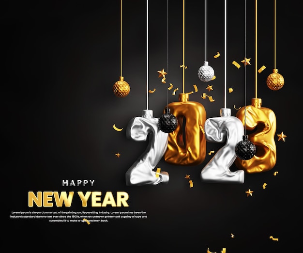 happy new year 2023 celebration banner with gold glossy text 3d render or happy new years background