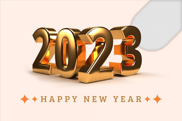 Happy new year 2023 gold 3d rendering isolated on transparent background with high resolutions