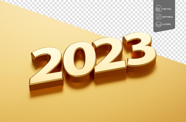 PSD happy new year 2023 golden 3d numbers isolated on golden background 3d illustration