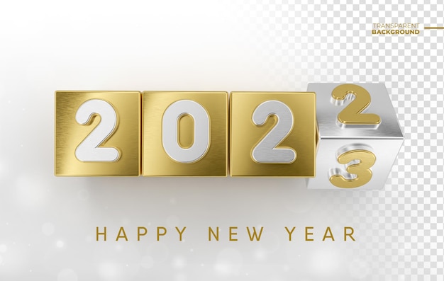 Happy New Year 2023 in golden 3d render with transparent background template design