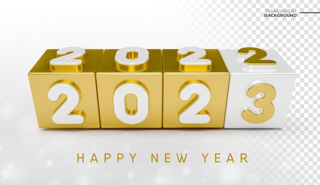 Happy New Year 2023 in golden 3d render with transparent background template design