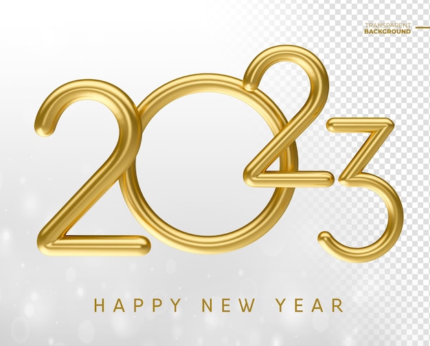 Happy New Year 2023 in golden 3d render with transparent background template design