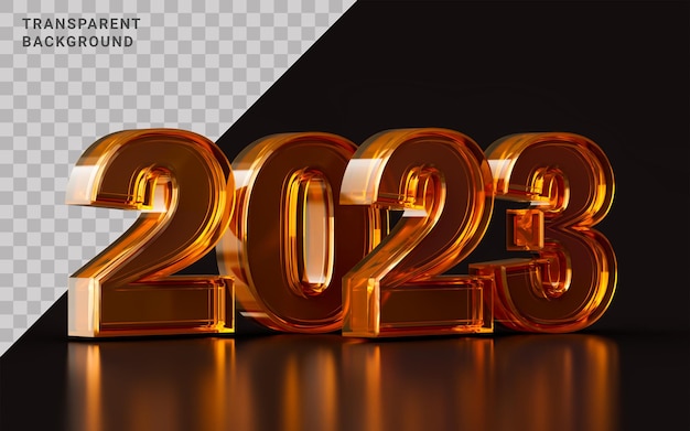 PSD happy new year 2023 golden glass morphism effect on dark background 3d illustration for festival