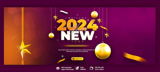 PSD happy new year 2024 celebration facebook cover post design or banner template