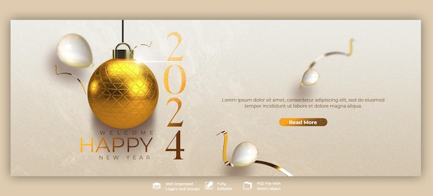 PSD happy new year 2024 celebration facebook cover post design or banner template