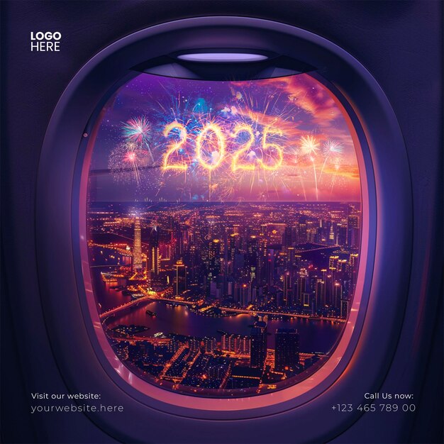 PSD happy new year 2025 celebration the window of an airplane in fireworks social media post template