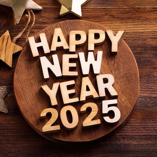 PSD happy new year 2025 celebration a wooden board with the words happy new year on it