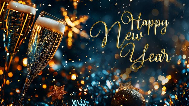 PSD happy new year celebration holiday greeting card background banner champagne or sparkling wine glass