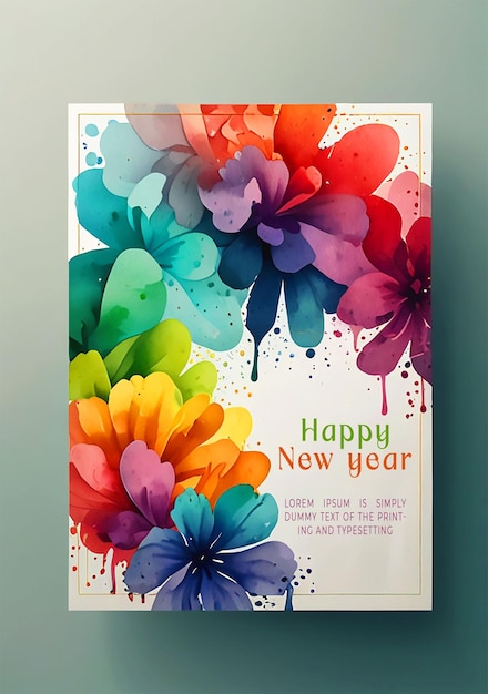 PSD happy new year colorful watercolor painting of flowers and butterflies