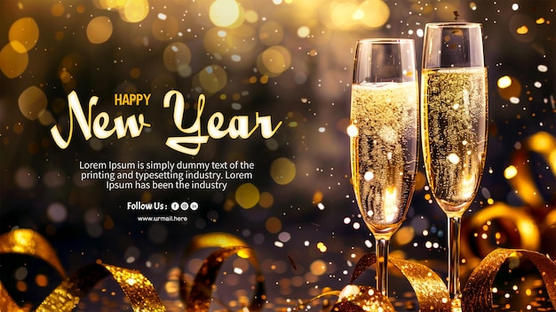 Happy new year eve celebration invitation card with glasses of champagne