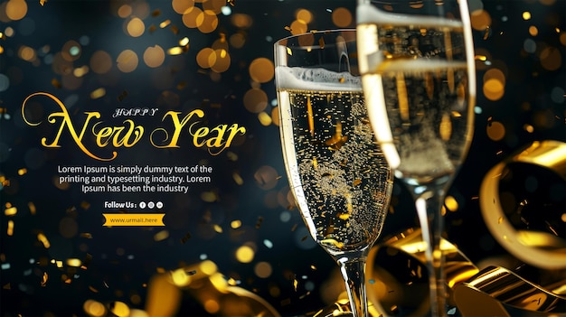 Happy new year eve celebration invitation card with glasses of champagne