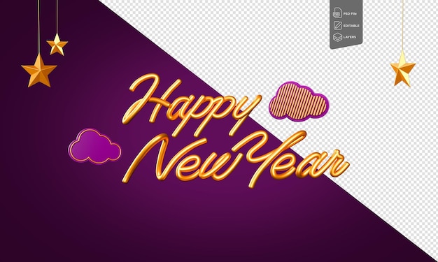 Happy New Year Golden Inflatable Font Greeting Card On Purple Background 3d Illustration