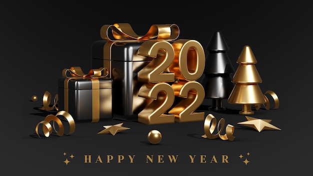 Happy new year with black gift boxes balloons and confetti 3d render illustrations