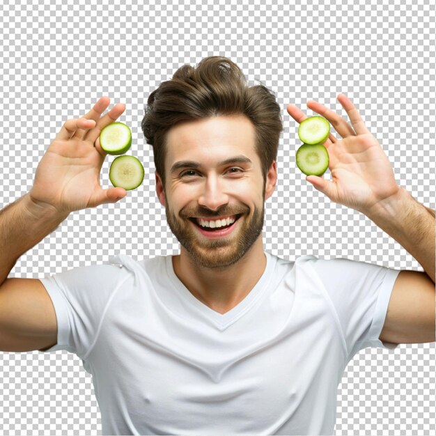 PSD happy a one man with cucumber slices on bed transparent background