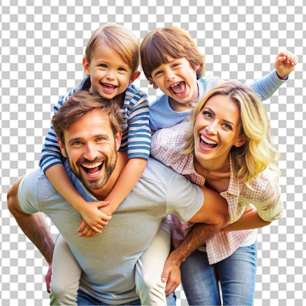 happy parents having fun while piggybacking their kids on transparent background