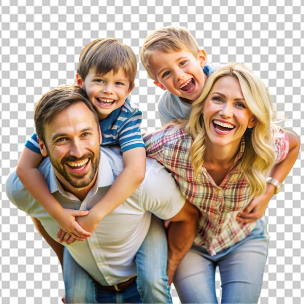 happy parents having fun while piggybacking their kids on transparent background