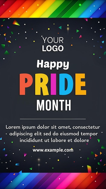 PSD the happy pride poster features a rainbow and stars and the text is in a bold font