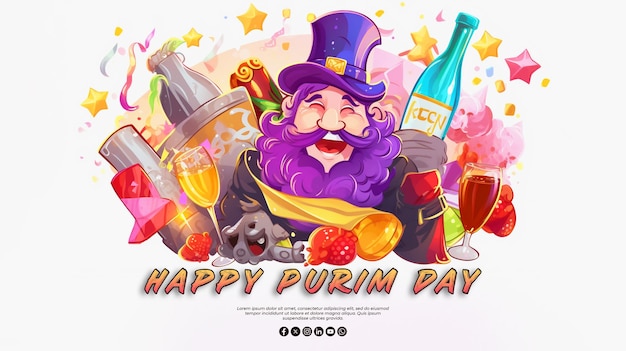 happy purim day special greeting card with a realistic psd background