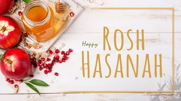 PSD happy rosh hasanah poster design with pome apples and honey jewish new year template