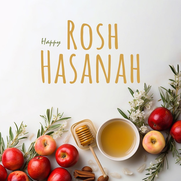 PSD happy rosh hasanah poster design with pome apples and honey jewish new year template