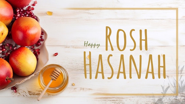 PSD happy rosh hasanah poster design with pome apples and honey jewish new year template