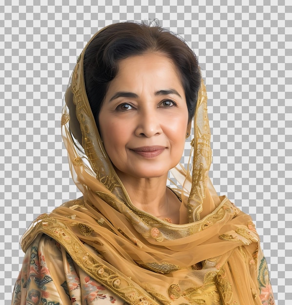 Happy senior pakistani woman smiling at the camera on isolated transparent background