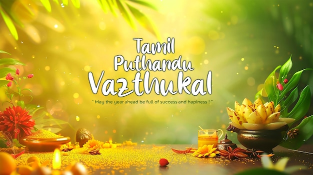 Happy Sinhala and Tamil New Year Background Design with traditional ritual elements