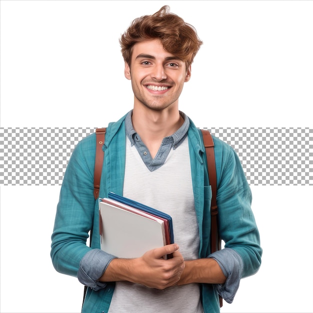 happy smiling college student with a book in hand isolated on transparent background generative ai