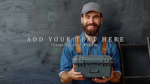 a happy smiling confident repairman with beard holding a tool box in hands