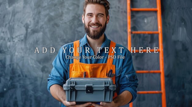 PSD a happy smiling confident repairman with beard holding a tool box in hands