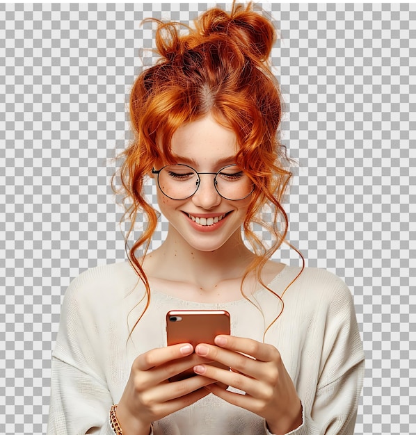 PSD happy smiling redhead girl holding smartphone in hands in spectacles on isolated transparent background