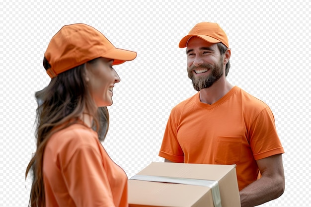 Happy smilling delivery staff is delivering parcels to a client on white