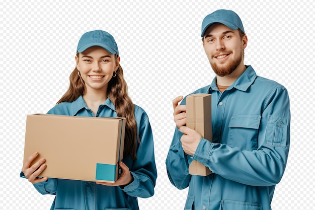 Happy smilling delivery staff is delivering parcels to a client on white