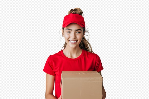 Happy smilling delivery staff wearing red custome holding cardbox on white