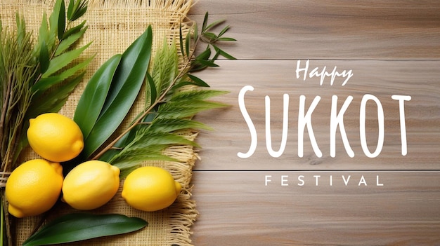 PSD happy sukkot day poster design with sukkah etrog lulav arava hadas and decoration background design