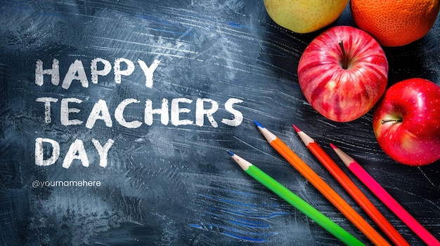 PSD happy teachers day banner template with flat lay composition for teachers day on chalkboard