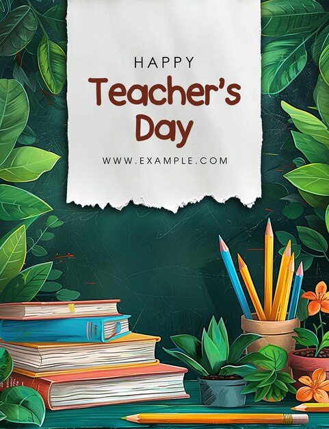 PSD happy teachers day design and stack of books with glasses and magnifier on blackboard background