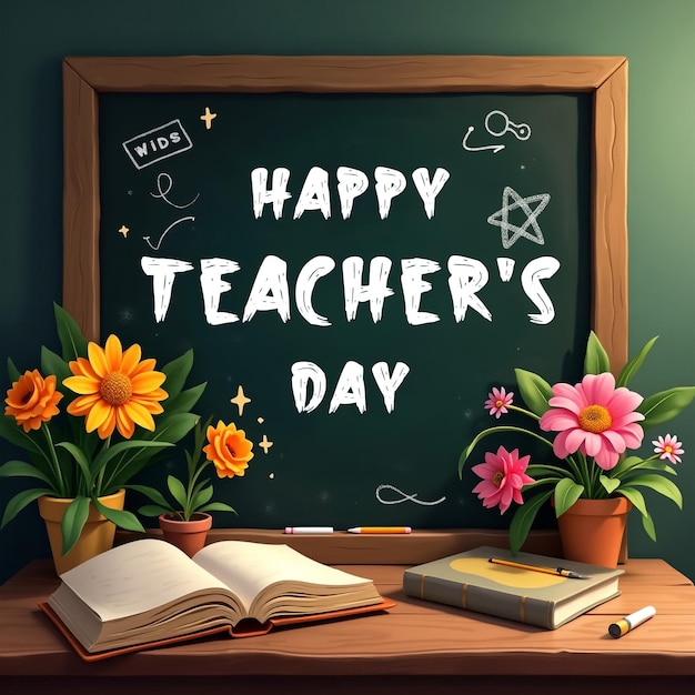 PSD happy teachers day poster template with blackboard and book background with apples and school tools