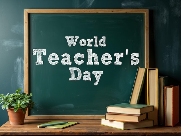 PSD happy teachers day poster template with blackboard and book background with apples and school tools