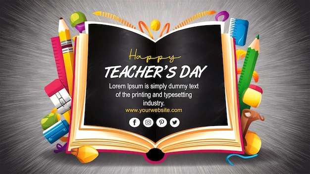 Happy teachers day poster template with blackboard and book background