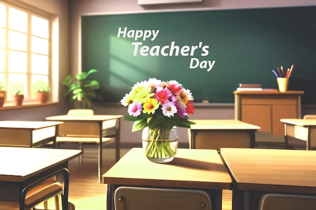 Happy Teachers Day Table With A Frame Classroom Dark Color Chalkboard And School Supplies Pencils